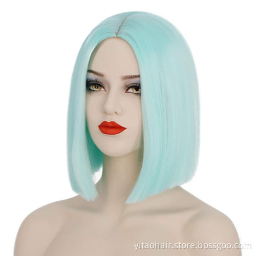 Synthetic Straight Hair Bob Cut Wig Middle Part Shoulder Length Fashion Bob Wigs for Women Colored Mint Green Cosplay Wig